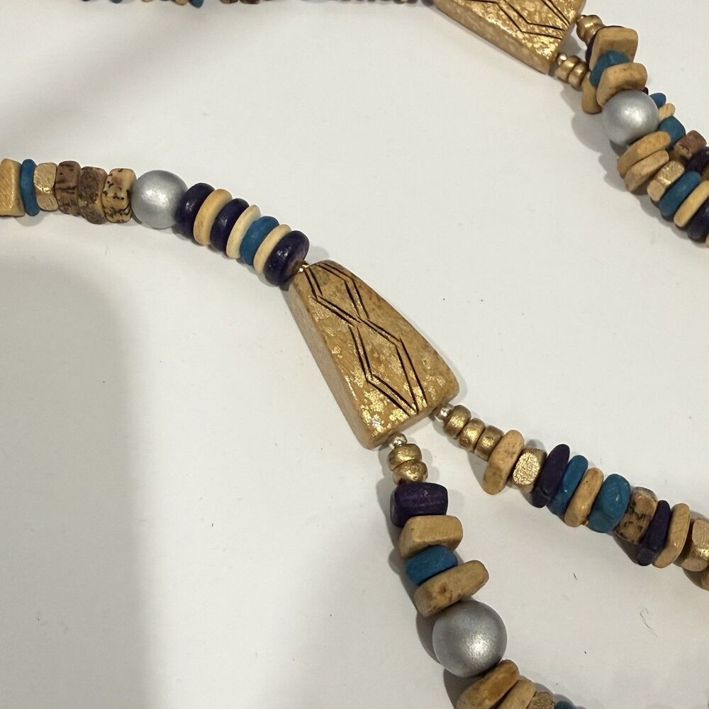 Vintage Casual Corner Double Strand Beaded Necklace Boho Wood Gold Tone Signed - Picture 5 of 16